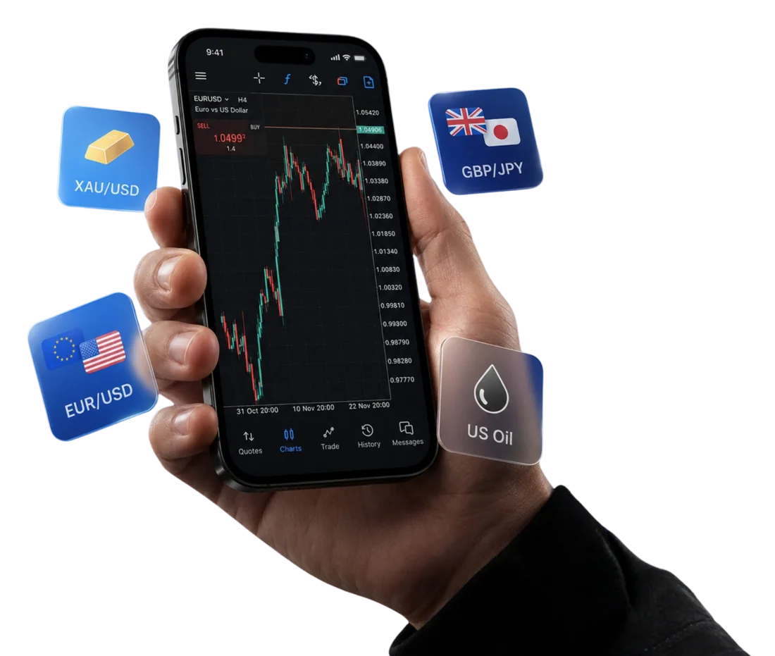 MetaTrader 5 移动交易应用,显示实时外汇及大宗商品行情