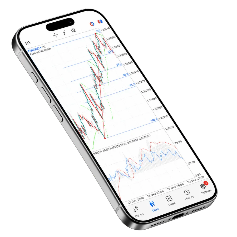 MetaTrader 5 移动交易应用，显示实时外汇及大宗商品行情